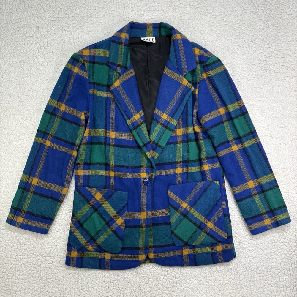Joule Energy Vintage Plaid Boyfriend‎ Blazer Sz M Blue Green Yellow Long Pockets